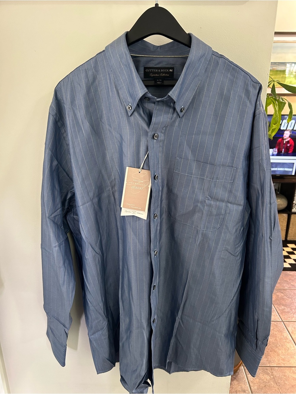 NWT Cutter & Buck Signature Collection Blue Herringbone Shirt - Size XL
